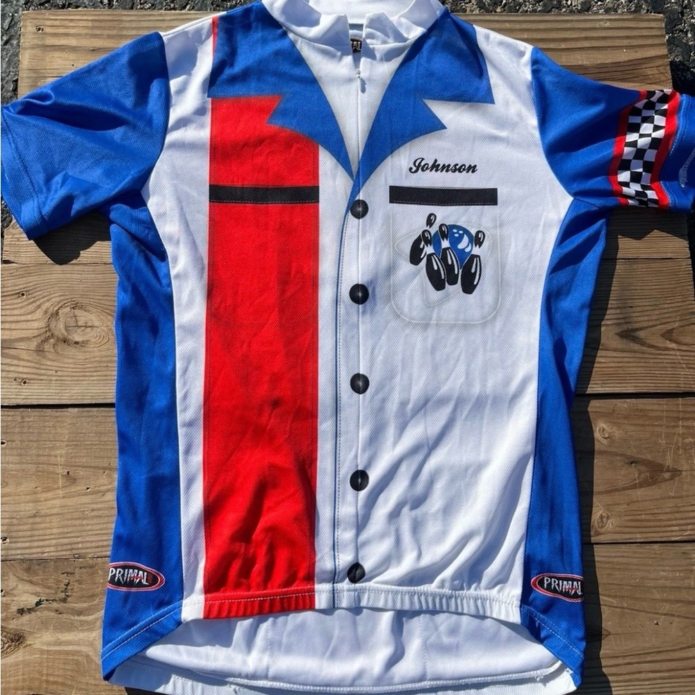RARE Primal Bike Bicycle Jersey Blue Ball Lanes Johnson Bowling Shirt Large